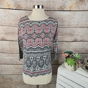 Chico's Paisley Print Top 3/4 Sleeve Blouse Red‎ Black White Size 0 Small